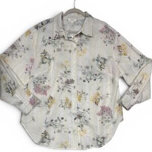 Adiva White Cream Button Down Shirt Embroidered Eyelet Detail Floral Print NWT